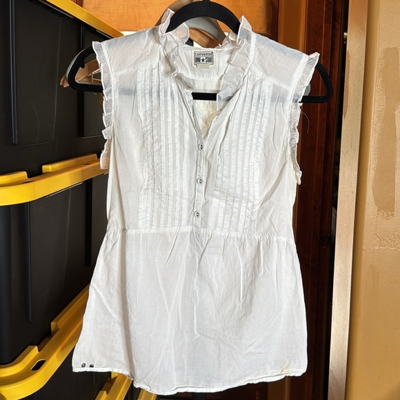 CONVERSE ONE STAR White Ruffle Detail Blouse 100% Cotton Size Small - Picture 6 of 13